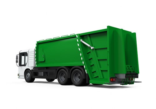 A large commercial waste collection truck, predominantly white with black lower panels and a prominent green waste container attached to the rear, parked on a paved surface against a plain white background. The green container features a hydraulic lifting mechanism visible near the top and is designed with a smooth, metallic finish. The vehicle is positioned in a side view, showing the cab area at the front with side mirrors and windows, followed by the enclosed waste holding compartment. The waste container appears to be open at the rear, with the lifting arms and hydraulic components clearly visible, indicating it is used for rubbish collection and disposal services. The vehicle’s multiple wheels are black with sturdy rubber tires, and the overall scene is well-lit, emphasizing the clean lines and branding typical of commercial waste removal services. This image aligns with rubbish collection operations, such as those provided by Commercial Waste Haringey for local businesses and residents in the Haringey area, highlighting the type of vehicles used for efficient waste management in London boroughs, including nearby postcode districts.